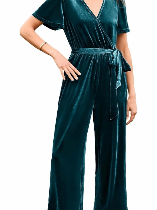 Pants - Velvet Wrap Jumpsuit in Teal